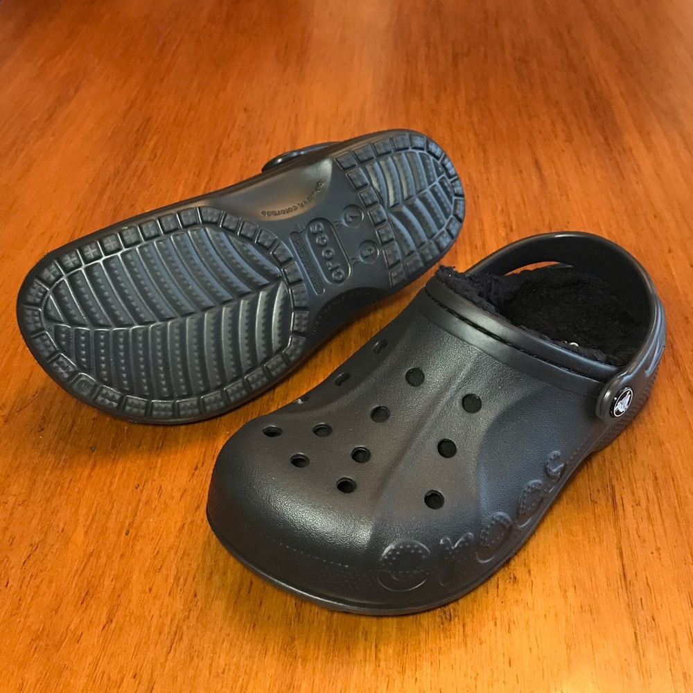 SOLD. Black Fur Lined Crocs